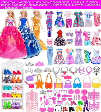 ebuddy 105 Pcs Doll and Closet Plyaset- Wardrobe Set Including One Doll,Wardrobe, Shoes Rack, Dress, Shoes Hangers, Necklace
