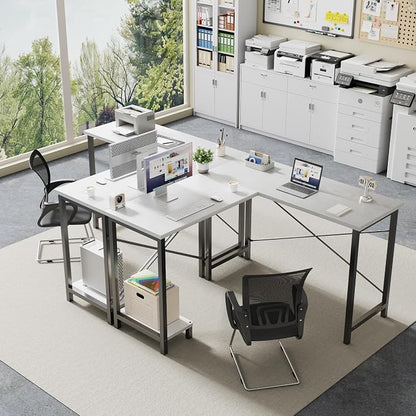 DUMOS 50-Inch Reversible L Shaped Desk with CPU Shelf, White | Computer Desk with Sturdy Metal Frame, Corner Gaming Desk, Home Office Desk for Study, Writing and Work, Sturdy Modern Design