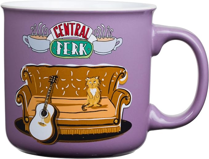 Silver Buffalo FRIENDS Central Perk Smelly Cat, Ceramic Camper Mug, 20oz | Iconic Orange Couch and Guitar, Pheobe's, 0.59 Liters