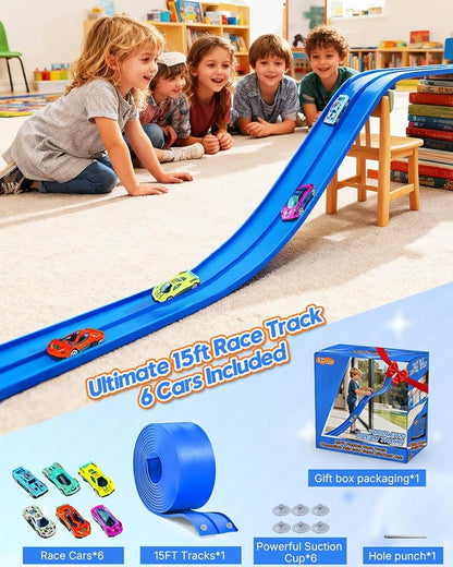 15 Ft Flexible Car Tracks for Kids Age 3 Up, Race Track with 6 Toy Cars, Flex Track Compatible Diecast 1/64 Cars with Suction Cups, Birthday for Boys (Blue)
