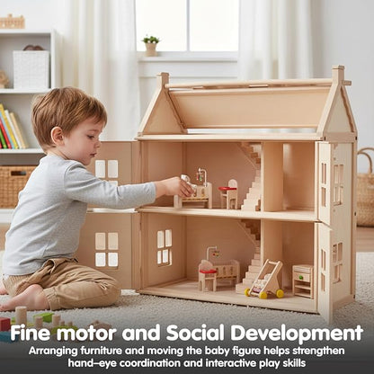 PlanToys® Wooden Nursery Dollhouse Furniture Set for Kids | Montessori Small World and Caregiving Pretend Play | Eco Friendly Wooden Dollhouse Baby Room Set for Imaginative Play