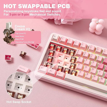 YUNZII B75 PRO 75% Wireless Mechanical Keyboard (Pink, Cocoa Cream V2) | Hot Swap Keyboard with Knob, Gasket Mount, Creamy Pre-lubed Switch for Smooth Typing, BT/USB-C/2.4G, for Gaming