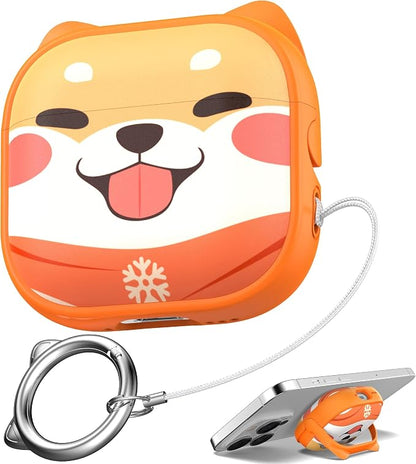 for AirPods 4 Case with Cleaning Kit, Cute Cat Ear Print Design & Cute Buckle, Inverted Phone Holder Design, Top Safe Lock Buckle Design, for Girls AirPods 4 case 2024, Orange Dog