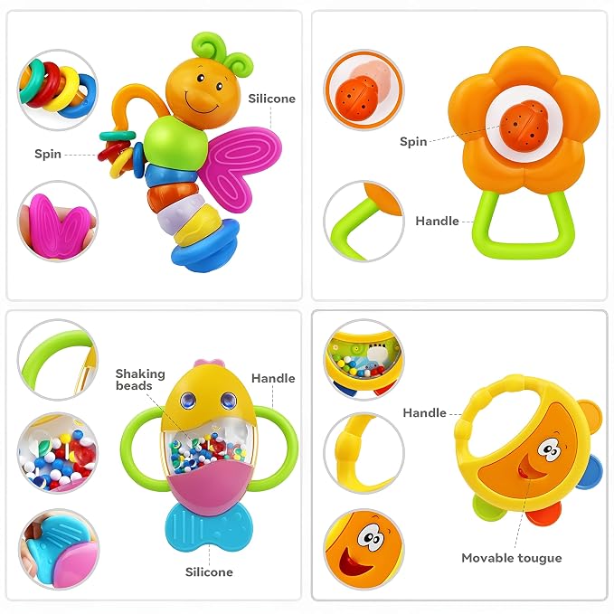 MOONTOY 12pcs Baby Rattles for Babies 0-6 Months Teething Toys 3-6 Months, Newborn Infant Teethers Baby Toys 6-12 Months, Montessori Baby Easter Basket Stuffers Gifts 1 2 3 4 5 6 7 9 10 Month Boy Girl