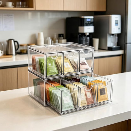 Prsildan Tea Bag Organizer K Cup Holder Drawer Coffee Pods Storage, 2 Pack | Clear Acrylic, Stackable, Pull Out, For Kitchen Office Craft Art Supplies Hair Accessories Makeup Small Items