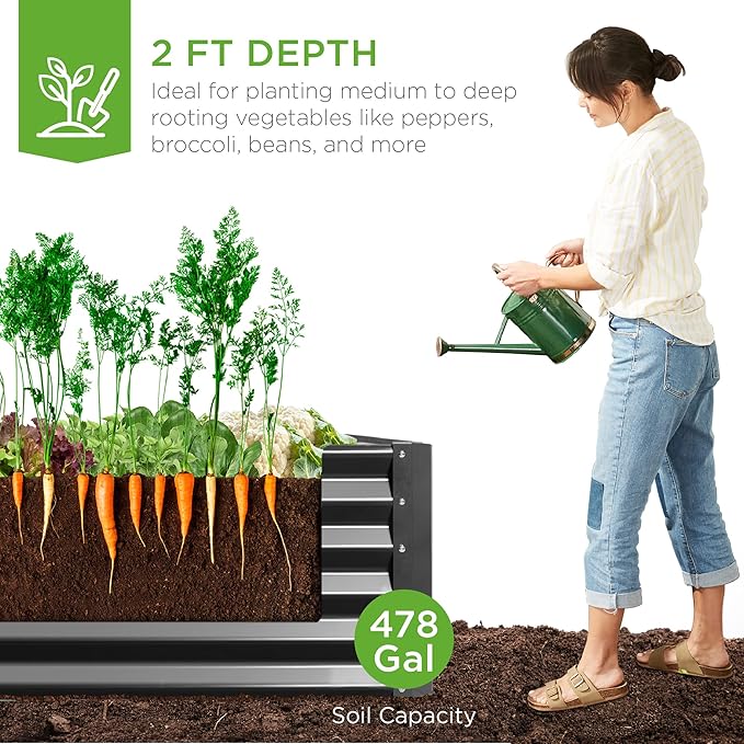 Best Choice Products 8x4x2ft Outdoor Metal Raised Garden Bed, Deep Root Planter Box for Vegetables, Herbs & Flowers, 478-Gallon Capacity, 100% Non Toxic Materials - Gray