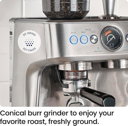 Chefman Crema Supreme 15 Bar Espresso Machine with Milk Frother, Barista Steam Wand, Professional Coffee Maker with Coffee Grinder, 30 Grind Settings, 3L Removable Water Tank - Stainless Steel