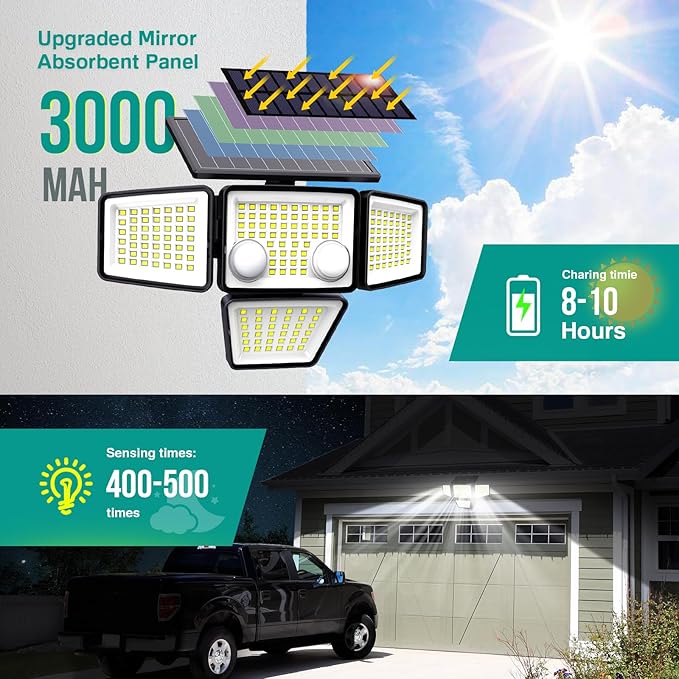 Solar Outdoor Lights - 3000LM 188 LED Motion Sensor Outdoor Lights, 4 Heads Security Light,IP65 Waterproof, Easy Install,270°Wide Angle Flood Wall Light with 3 Modes for Backyard Yard (3 Pack)