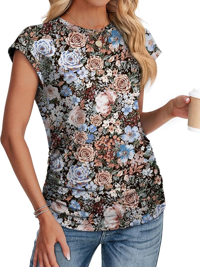Sampeel Womens Summer Tops Trendy 2026 Ruched Cap Short Sleeve Tshirts Shirts Crew Neck T Shirts Fashion