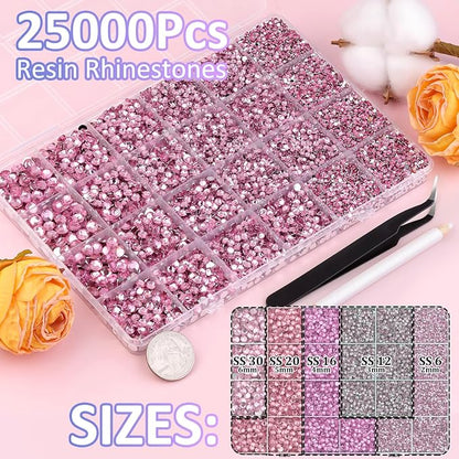 25000Pcs Resin Rhinestones for Crafting, Dark Pink 2-6mm Mixed Sizes Non Hotfix Flatback Gems with 1Pcs Glue, Bedazzling Crystal for DIY Craft Clothing Mugs Tumblers Shoes Fabric Decor Nail Art