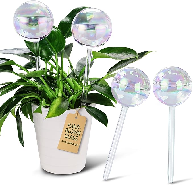 Extra-Thick Clear Glass Plant Watering Globes, Rainbow Gradient Self Watering Devices, Automatic Plant Waterer Spikes for Indoor & Outdoor Plants, Perfect for Everyday or Vacation Use, 4-Pack