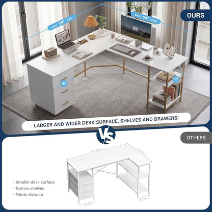 Techni Mobili 59" Two-Tone L‑Shaped Office Desk with Storage Shelves, Gold | 59" two‑tone L‑shaped desk with storage shelves, durable frame, modern corner workstation, spacious home office writing space