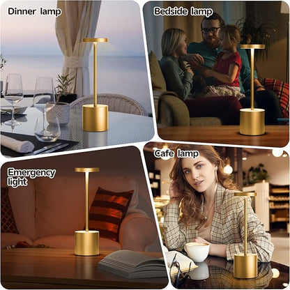 2Pack Cordless Table Lamp, Rechargeable LED Battery 5000mAh Metal USB Portable Powered Desk Lamp, 3 Levels Brightness Light for Restaurants Outdoor (2pack 10.25in Gold)