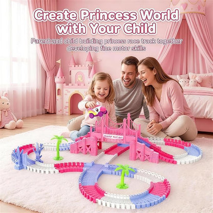 Race Car Tracks Toy Set for Girls Age 3-8, 214PCS Pink Princess Cars Toys | with Monster Truck & Magic Bendable Train Tracks, Flexible DIY Raceway Set for Toddler Girls Christmas Birthday Gifts