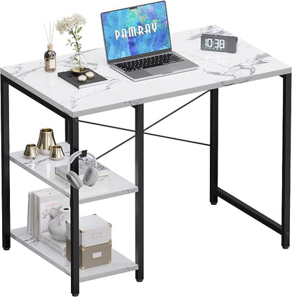 Pamray 32 Inch Small Computer Desk with Shelves for Bedroom Small Spaces | For Home Office, Dorm and Apartment, for Study and Writing, Headphone Hook, Space-Saving, Compact, Easy Setup
