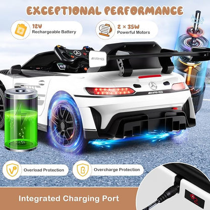 Costzon Ride on Car, 12V Licensed Mercedes-AMG GT3 Kids Car with Remote Control, 3 Speeds, LED Lights, Music, Wireless, Transport Wheels & Soft Start, Electric Vehicle for Toddlers Aged 3+ (White)