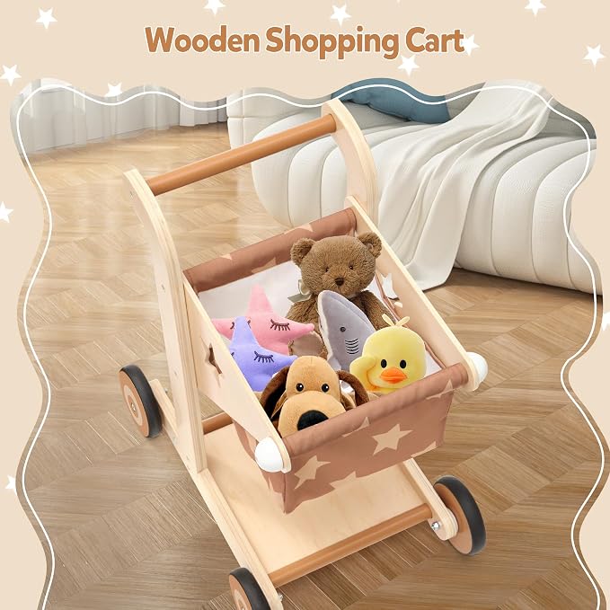Asweets 2 in 1 Wooden Baby Walker Push and Pull Doll Stroller, Shopping Cart Learning Walker for Boys and Girls, Sit Stand Learning Toddler Toy (Brown)