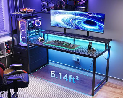 AODK Gaming Desk w/PC Showcase Stand, 59" Reversible, RGB LED, Black | Elevated stand fits Lian Li O11, Hyte Y60. Triple drawers hide cables, controllers, clutter