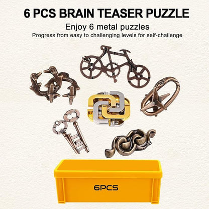 6 PCS Metal Brain Teaser Puzzles for Adults and Kids, Disentanglement Metal Logic Puzzle Set, IQ Mind Challenge Brain Games Toy Gift(6PCS Metal A)