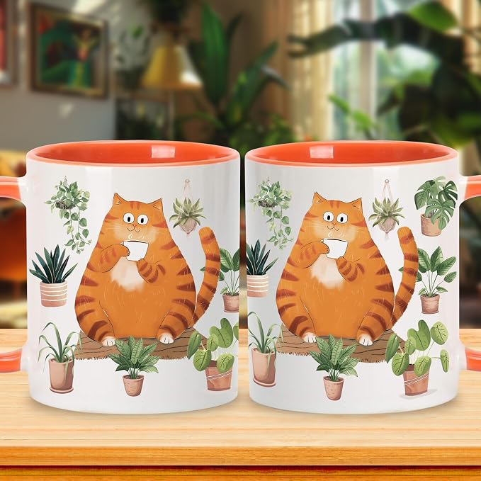 Hyturtle Cute Orange Cat Coffee Mug Gifts For Cat Mom, Plant Decor Gifts | Birthday Christmas Gift for Plant Lovers, Gardeners, Premium 11oz Two Tone Orange Ceramic Tea Cup, Perfect for Daily Drinks