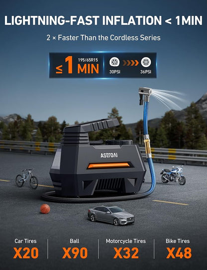 AstroAI AIRUN H Tire Inflator Portable Air Compressor,Fast Inflation Electric Air Pump for Car Tires-Car Accessories,9.8Ft Cord-12VDC-Powered Auto Shut-Off with Digital Pressure Gauge,LED Light,Orange