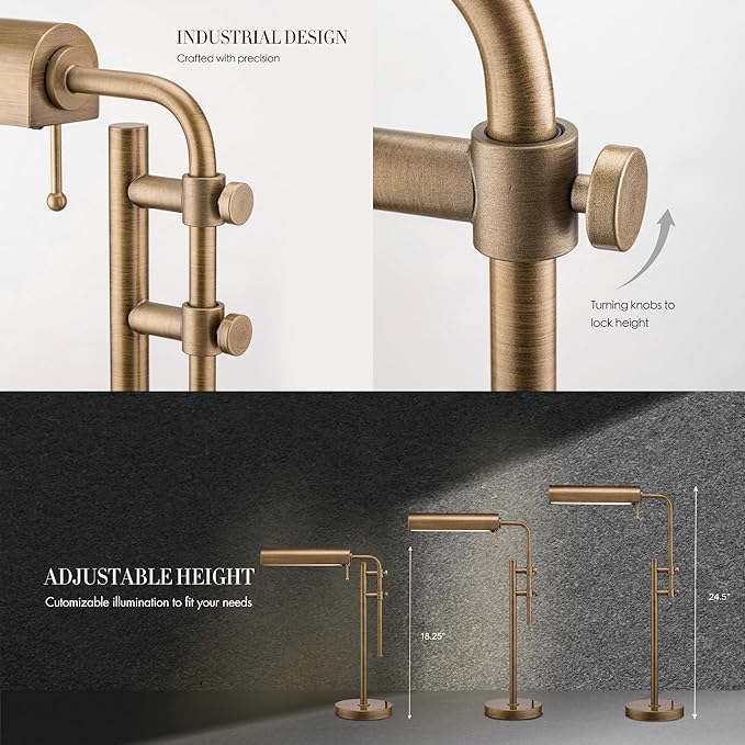 O'Bright Aurora LED Pharmacy Desk Lamp - Swing Arm, Industrial Design for Reading, Crafting, Work,10W LED, Adjustable Height 18.5-24.5 inches - Ideal for Living Room, Bedside, Office - Antique Brass