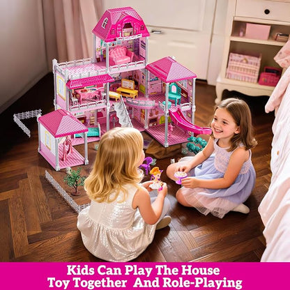 JUKUDAHU Villa Playset for Girls Ages 3-7, 3-Story 8 Room House with 2 Dolls, Furniture and Accessories, Indoor Playset Girls Toys for Ages 6-8, Pretend Toddler Toy, Birthday Gifts for Kids 4-8