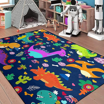 Dinosaur Rugs for Boys Bedroom Dinosaur Play Rug Kids Room Rug Dinosaur Area Rug Cartoon Dinosaur Carpet Cute Dinosaur Mat Dinosaur Rug for Living Room Bedroom Playroom, Blue 4'5''×6'