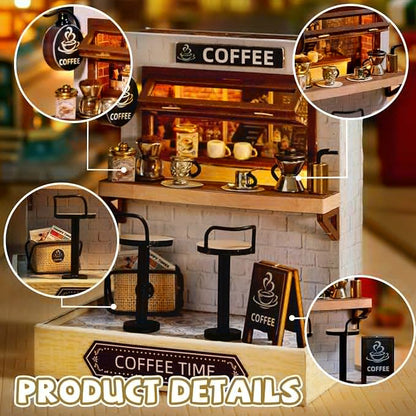 Kisoy Dollhouse Miniature with Furniture Kit, DIY 3D Wooden DIY House Kit with Dust Cover,Handmade Tiny House Toys for Teens Adults Gift (Coffee Time)