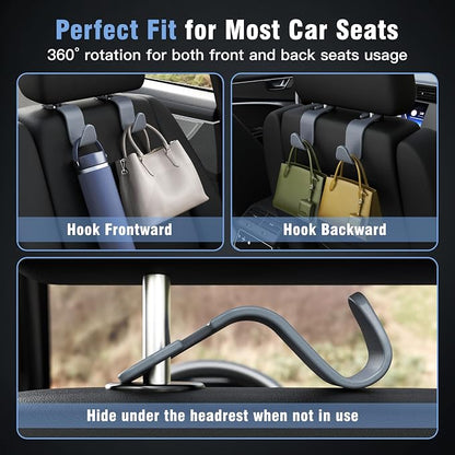 Amooca Car Seat Headrest Hook 4 Pack Hanger Universal Vehicle Car Storage Organizer for Handbag Purse Coat S Type Grey