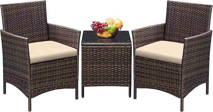 Greesum 3 Pieces Patio Furniture Sets Outdoor PE Rattan Wicker Chairs with Soft Cushion and Glass Coffee Table for Garden Backyard Porch Poolside, Brown and Beige