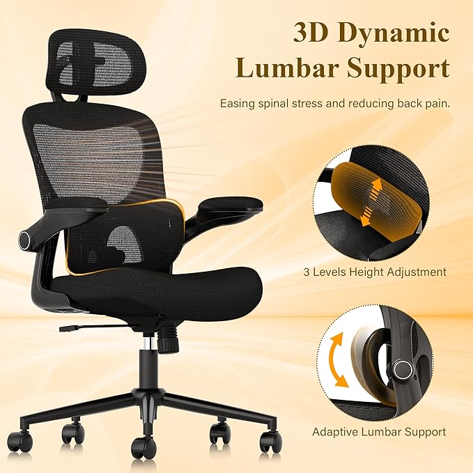 SUNNOW Ergonomic Office Chair, Comfy Mesh Desk Chair, High Back Computer Gaming Chairs with Adjustable Lumbar Support, Flip-Up Arms, Headrest, Tilt Function, Wide Cushion, Swivel Wheel, BIFMA Quality