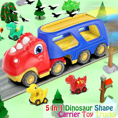 Veslier Toddler Car Toy for 2 3 4 5 Years Old, Dinosaur Transport Carrier Truck with 4 Pack Small Pull Back Dino Car, Friction Power Vehicle Christmas Birthday Gift for 18M+ Kids Boys Girls