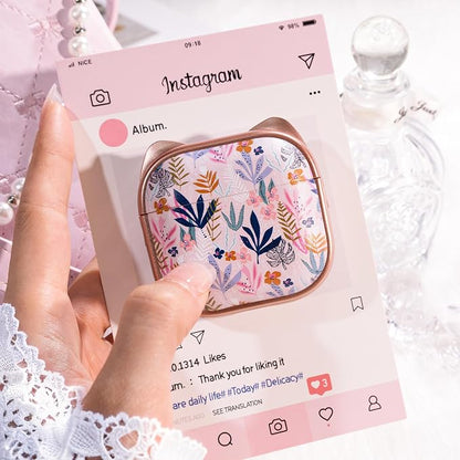 for AirPods 4 Case with Cleaning Kit, Cute Cat Ear Print Design & Cute Buckle, Inverted Phone Holder Design, Top Safe Lock Buckle Design, for Girls AirPods 4 case 2024, Rose Gold Leaves