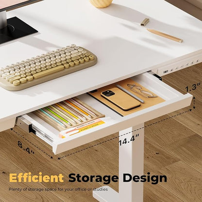 40" Electric Stand up Desk with Drawer, Height Adjustable | Sit Stand Home Office Desk with Storage, One-Piece Tabletop with USB Charging Ports, Quick Assembly Computer Desk on Wheels