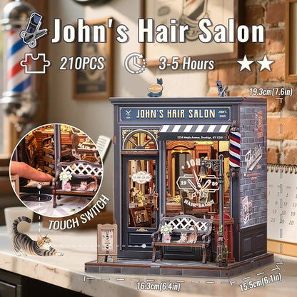 CUTEBEE Book Nook Kit - DIY Miniature House Dollhouse Kit for Adults, Booknook Hair Salon Barbershop Tiny House Bookshelf Decor 3D Wooden Puzzle, Gifts for Family and Friends (John's Hair Salon)
