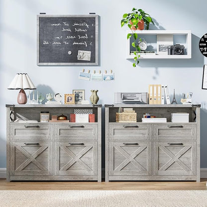 Vabches Farmhouse 4 Drawer File Cabinet with Open Storage Shelf, Lateral Filing Cabinet Fits Letter/A4/ Size, Home Office Filing Organizer, Document Storage Printer Stand for Office and Home. Grey