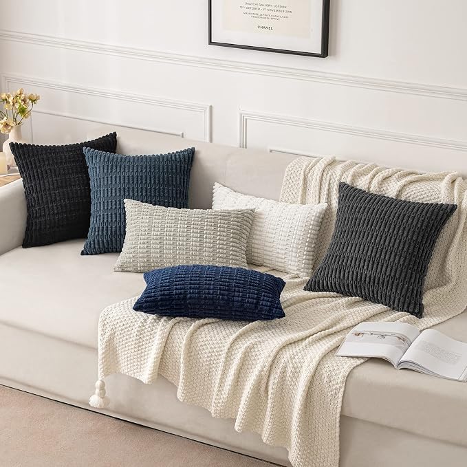 MIULEE Pack of 2 Corduroy Decorative Throw Pillow Covers 18x18 Inch Soft Boho Striped Pillow Covers Modern Farmhouse Home Decor for Sofa Living Room Couch Bed Dark Grey