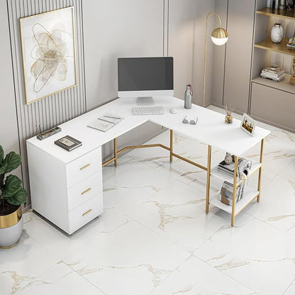 Techni Mobili 59" Two-Tone L‑Shaped Office Desk with Storage Shelves, Gold | 59" two‑tone L‑shaped desk with storage shelves, durable frame, modern corner workstation, spacious home office writing space