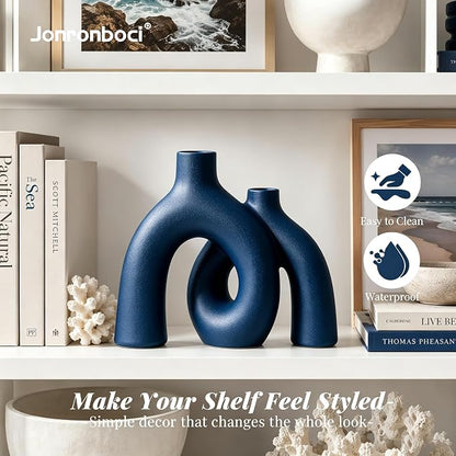 Hug Donut Decorative Vase Set - Navy Blue Vase, Modern Coastal Style Vases Home Decor, Matte Ceramic Decorations for Living Room Shelf, Bookshelf Mantle Entryway Table or Console Décor (Navy Blue) | Decorative Sculptural & Flower Vase for Living Room, ...