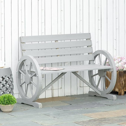 Outsunny 41" Wooden Wagon Wheel Bench, Rustic Outdoor Patio Weather Resistance Furniture, 2-Person Slatted Seat Bench with Backrest, Light Gray