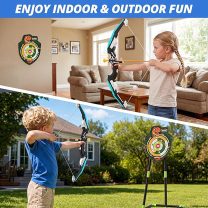 HYES Bow and Arrow for Kids, LED Light Up Archery Set with 12 Suction Cup Arrows, 1 Standing Target, 3 Score Targets & 1 Quiver, Indoor Outdoor Sport Gifts for Boys Girls Ages 4-12, Blue
