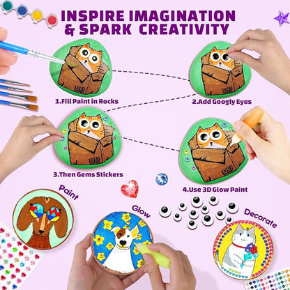 Rock & Wood Painting Kit for Kids Creative Arts & Crafts Set for Boys Girls | Paint wooden shapes and rocks with vibrant colors to create beautiful crafts, Perfect for birthdays classrooms and family fun