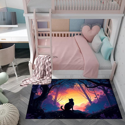 Magic Black Cat Rug - Moon Cat Rug for Girls Room Forestscape Cat Area Rug Black Cat Door Mat Colorful Rug with Black Cat Pattern, 3x5 Feet