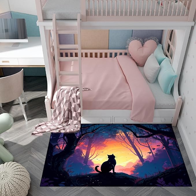 Magic Black Cat Rug - Moon Cat Rug for Girls Room Forestscape Cat Area Rug Black Cat Door Mat Colorful Rug with Black Cat Pattern, 5x7 Feet