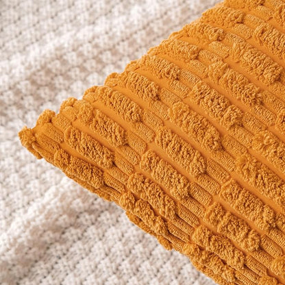 MIULEE Fall Pack of 2 Burnt Orange Corduroy Decorative Euro Sham Pillow Covers 24x24 Inch Soft Boho Striped Throw Pillow Covers Modern Farmhouse Home Decor for Sofa Living Room Couch Bed