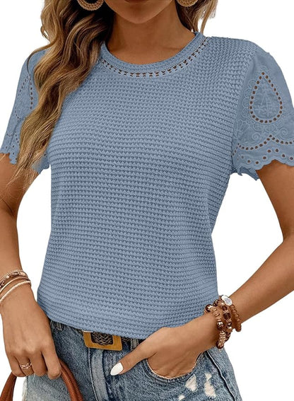 SHEWIN Womens Frenchy Summer Tops Crewneck Short Sleeve T Shirts Casual Waffle Knit Jacquard Blouses Top Shirts