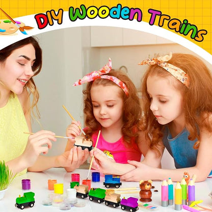 Halloscume 12 Pcs Unfinished DIY Wooden Trains Magnetic Unpainted Wooden Train Cars Toys for Railway Paint Project, Birthday Party Decorations Back to School Crafts Gifts Supplies (Classic)