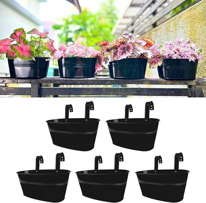 LaLaGreen Rail Planter Outdoor Plants(5 Pack, 11.8 Inch) Black Metal Iron Hanging Flower Pots Deck Railings Fence Buckets Modern Countryside Boho Style Wall Mount Window Box Plant Holder Porch Decor