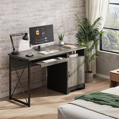 Bestier 47-Inch Office Desk with Storage Cabinet & Keyboard Tray, Grey | 47 Inch Desktop, Right Storage Cabinet, Sliding Keyboard Tray And X-Frame Support Create A Small-Space Home Office Desk.